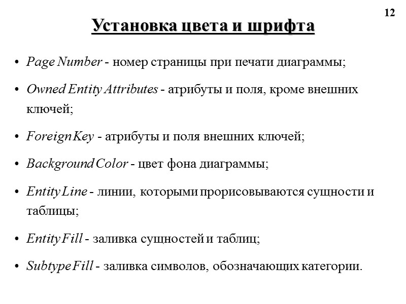 12 Установка цвета и шрифта Page Number - номер страницы при печати диаграммы; Owned